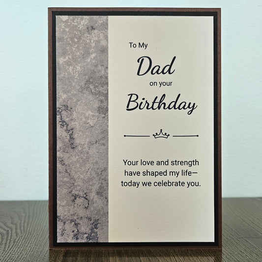 Handmade Birthday card for a father with decorative text on a textured background from Tiddly Pom Cards. 