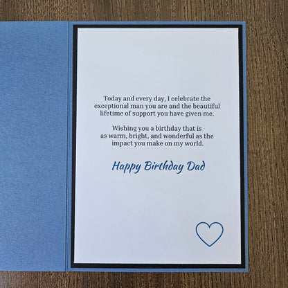 Inside panel of the 5x7 card displaying a printed birthday message in crisp black ink with Happy Birthday Dad in blue script, accented by a single blue heart outline in the lower right corner.