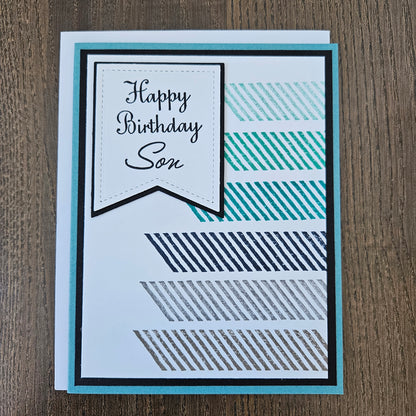 Birthday Card for Son, Handmade Masculine Geometric Stripes Happy Greeting, Blank Inside
