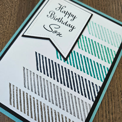 Birthday Card for Son, Handmade Masculine Geometric Stripes Happy Greeting, Blank Inside