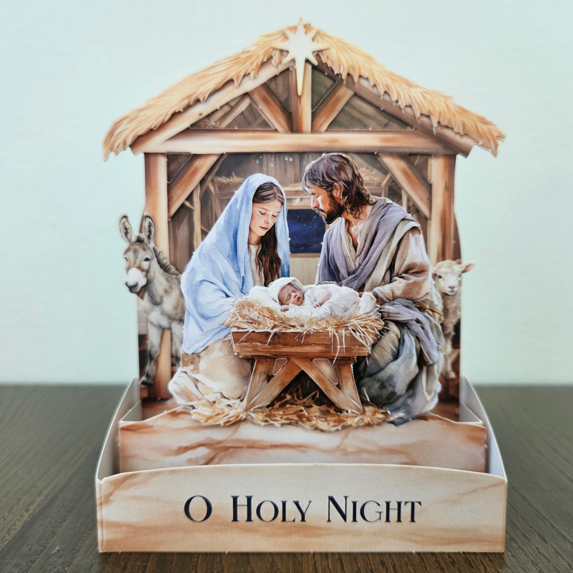Handmade Christmas Pop-Up Card, O Holy Night Nativity Scene, 3D Religious Holiday Greeting Tiddly Pom Cards