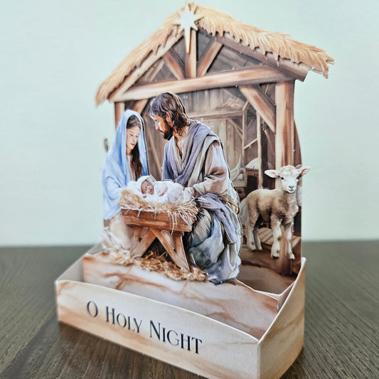 Handmade Christmas Pop-Up Card, O Holy Night Nativity Scene, 3D Religious Holiday Greeting Tiddly Pom Cards