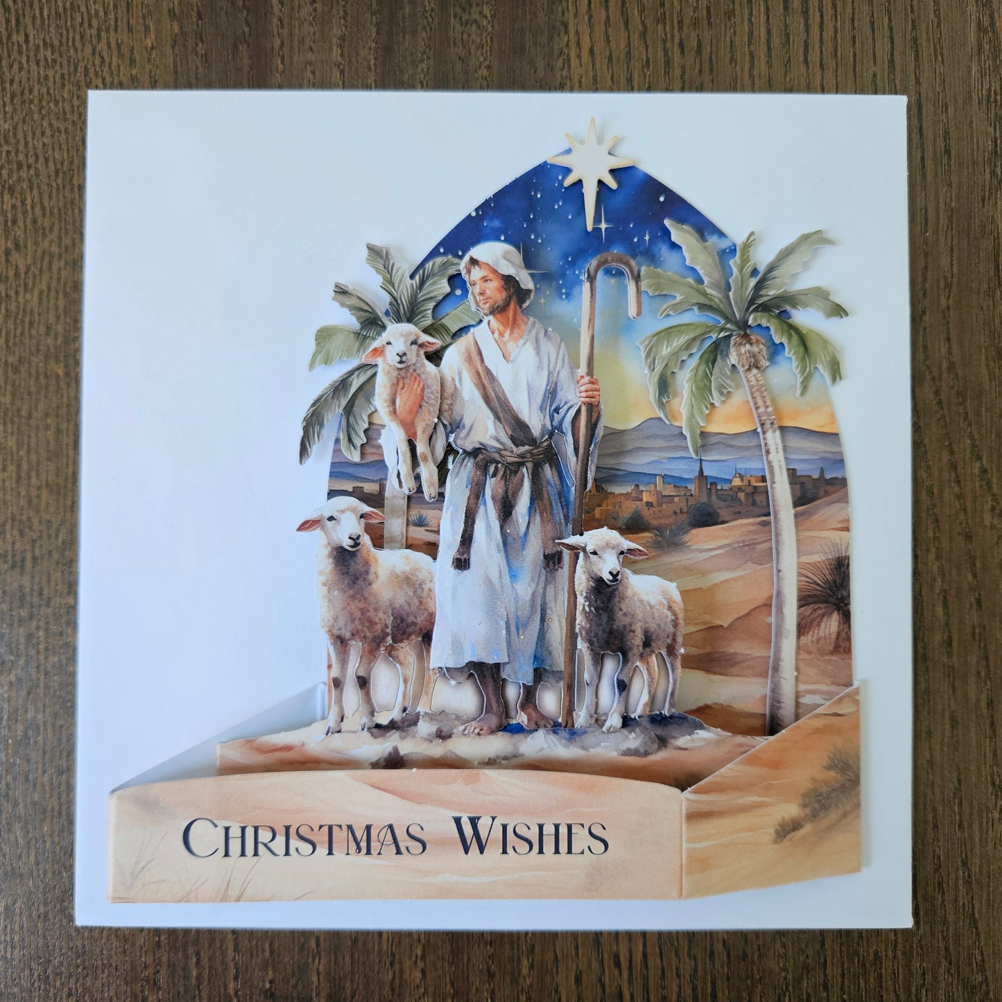 Pop-Up Christmas Card, Handmade 3D Decoupage Shepherd Star Nativity Xmas Wishes Greeting