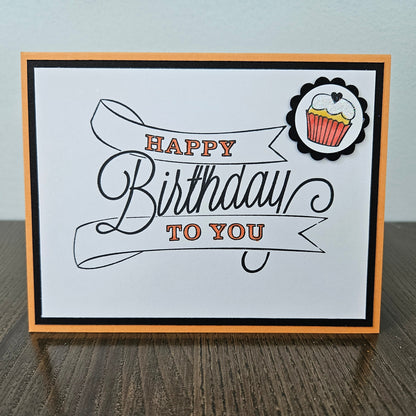 Cupcake Birthday Card, Handmade Classic Happy Birthday Banner, Custom Color Greeting, Blank Inside