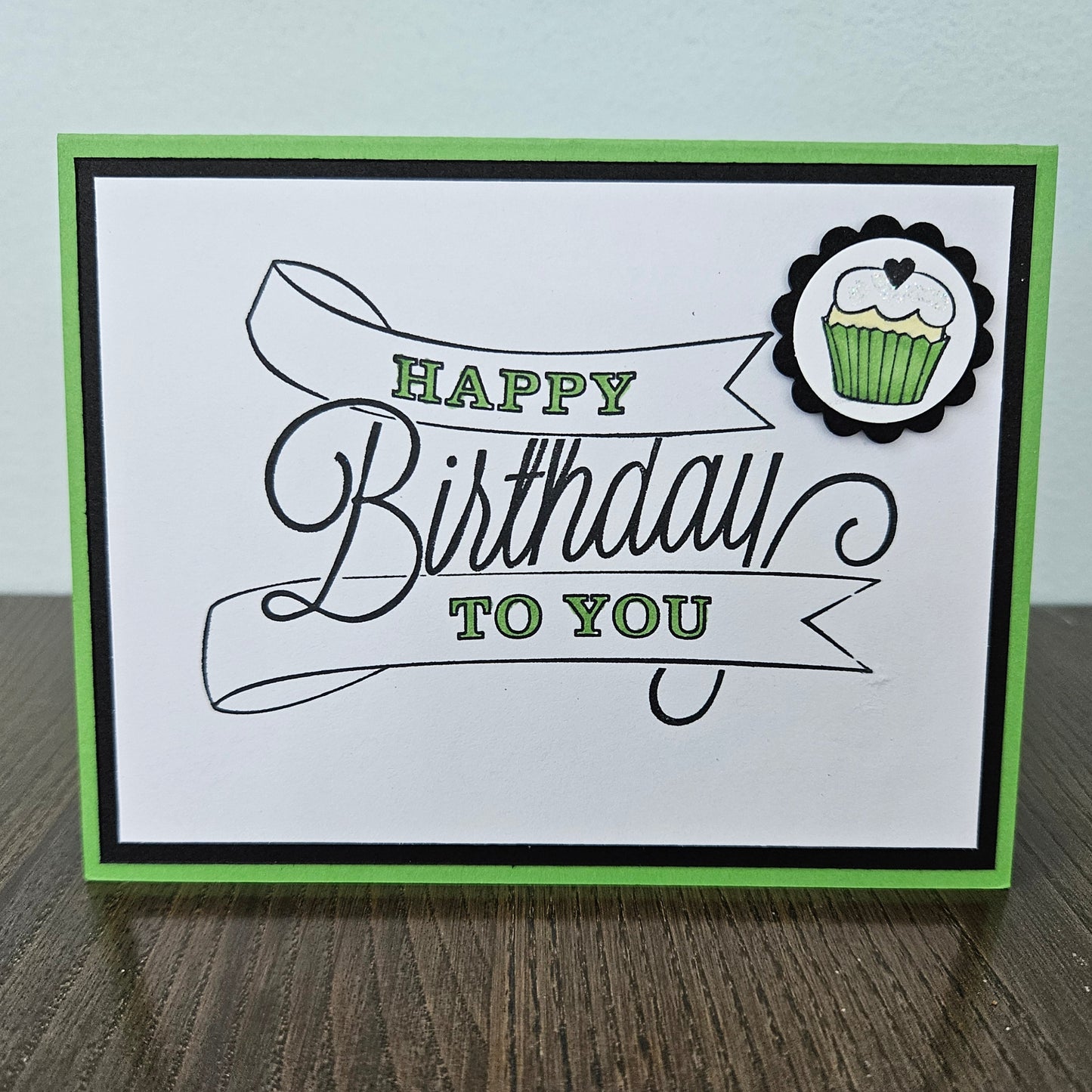 Cupcake Birthday Card, Handmade Classic Happy Birthday Banner, Custom Color Greeting, Blank Inside