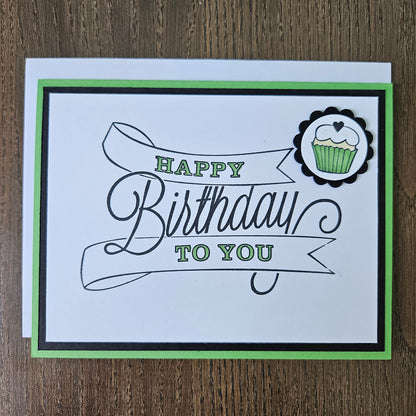 Cupcake Birthday Card, Handmade Classic Happy Birthday Banner, Custom Color Greeting, Blank Inside