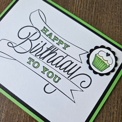 Cupcake Birthday Card, Handmade Classic Happy Birthday Banner, Custom Color Greeting, Blank Inside