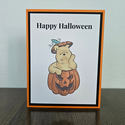 Winnie the Pooh Halloween Card, Handmade Pumpkin Jack O Lantern, Blank Inside