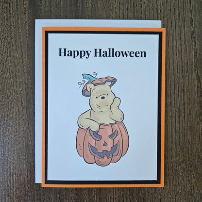Winnie the Pooh Halloween Card, Handmade Pumpkin Jack O Lantern, Blank Inside