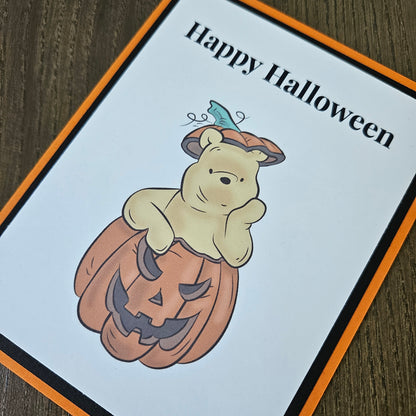 Winnie the Pooh Halloween Card, Handmade Pumpkin Jack O Lantern, Blank Inside