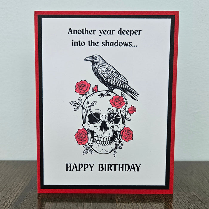 Gothic Birthday Card, Handmade Goth Raven Skull Roses Shadows, Blank Inside