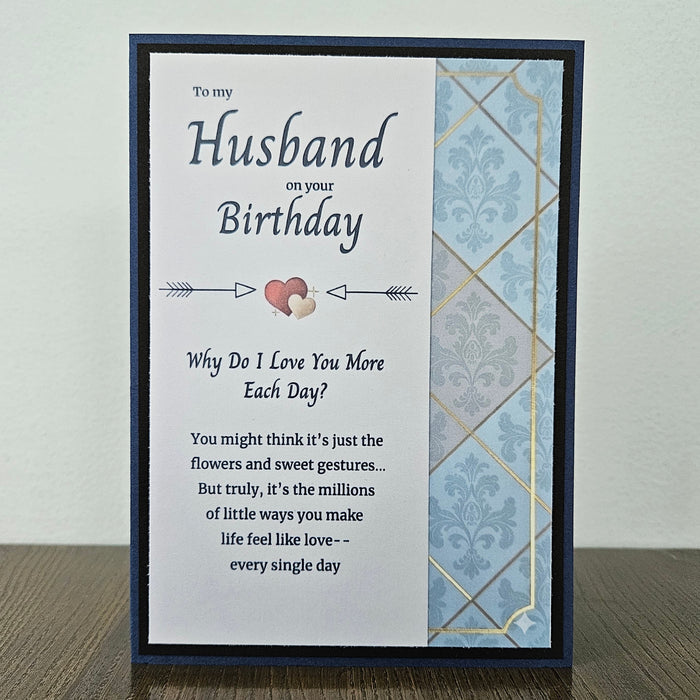 Birthday Card for Husband, Damask Blue and Gold, Handmade Romantic Message Inside