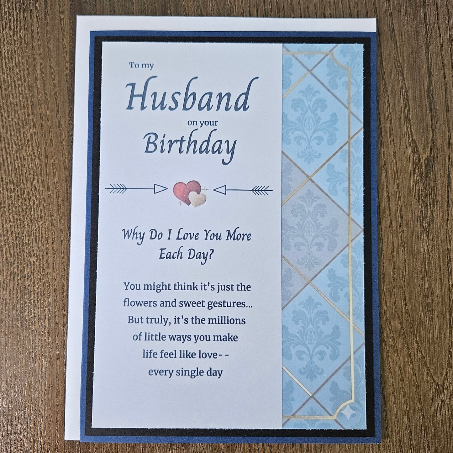 Front of a handmade A2 birthday card for husband featuring a blue and gold damask pattern framed in black with text reading Happy Birthday to My Amazing Husband.