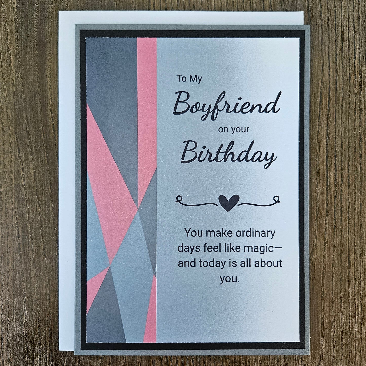 Front of a handmade A2 romantic birthday card for boyfriend featuring a bold red geometric heart with layered cardstock borders and text reading Happy Birthday to My Boyfriend.