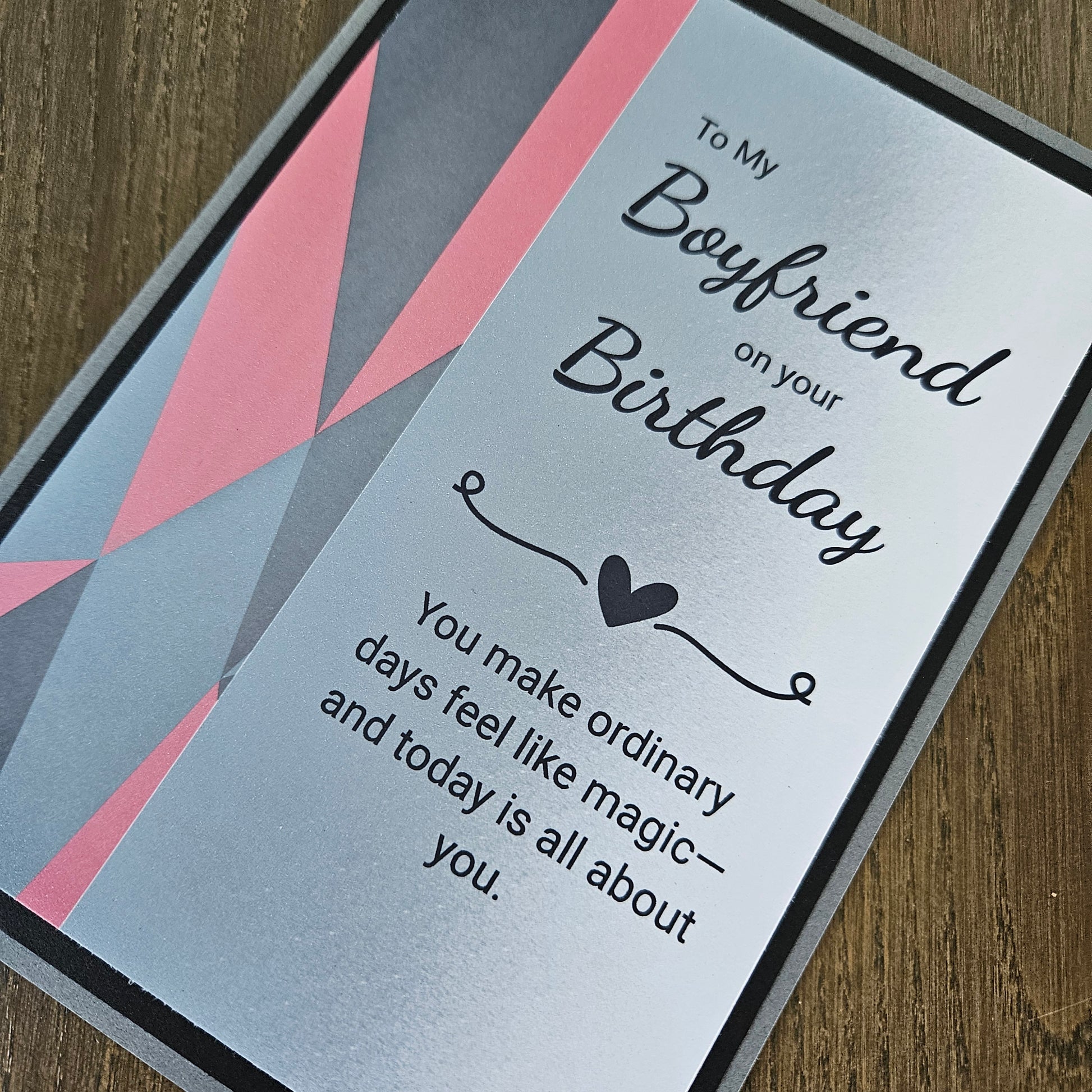 Front of a handmade A2 romantic birthday card for boyfriend featuring a bold red geometric heart with layered cardstock borders and text reading Happy Birthday to My Boyfriend.