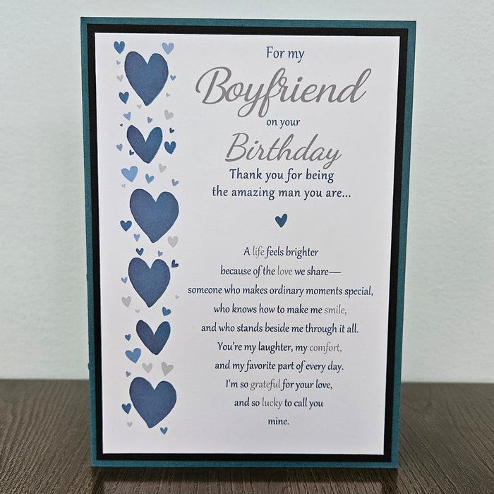 Birthday Card for Boyfriend, Romantic Heartfelt Poem, Handmade Blue Hearts Greeting
