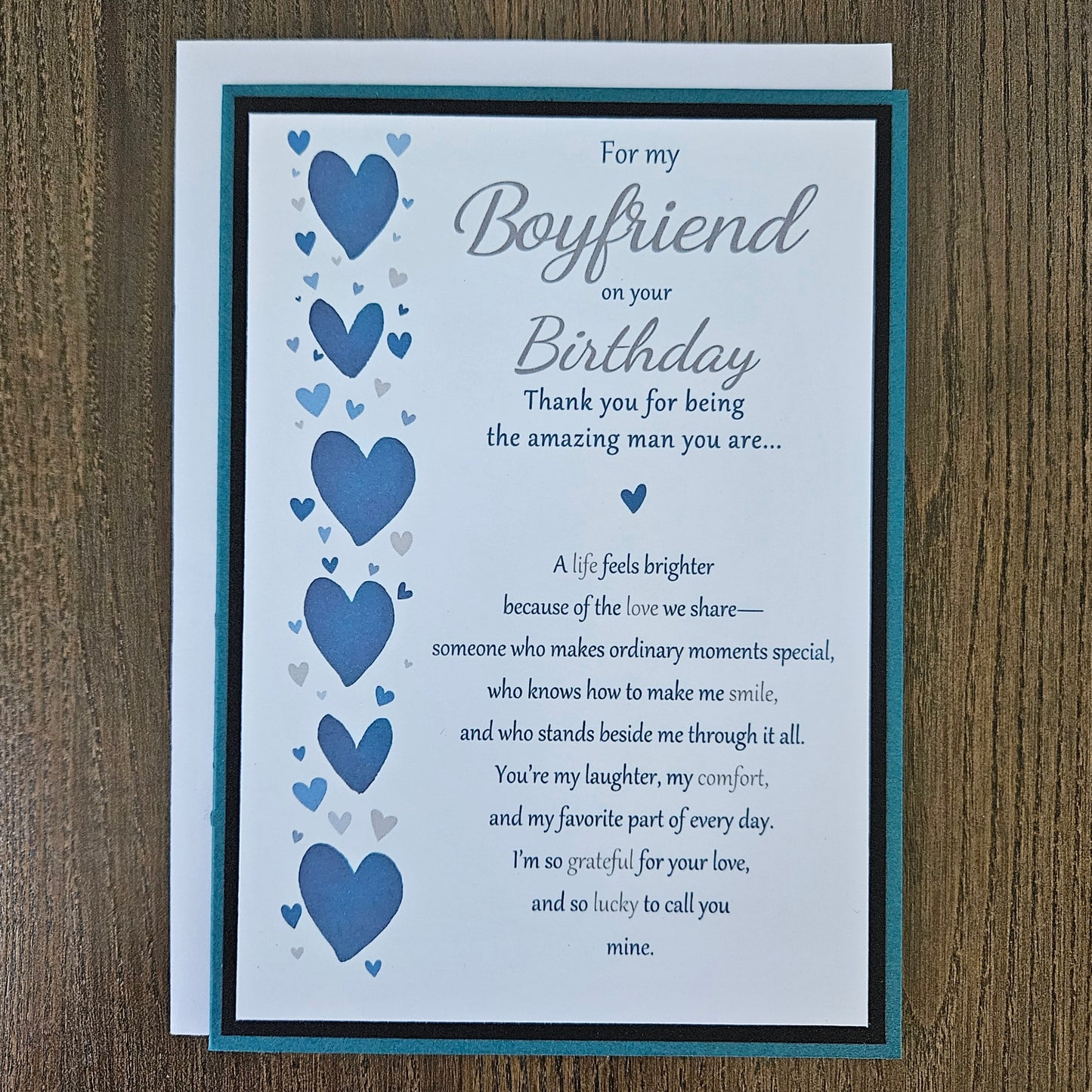 Front of a handmade 5x7 birthday card for boyfriend featuring a vertical row of watercolor blue hearts framed in black and teal with a detailed romantic birthday poem.