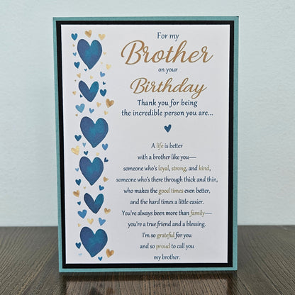 Front of a handmade 5x7 birthday card for brother featuring a vertical row of watercolor blue and gold hearts framed in black and teal with a detailed birthday poem.