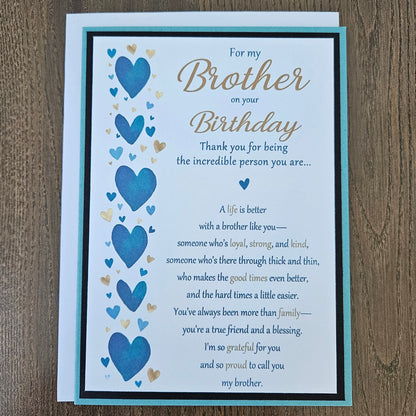 Front of a handmade 5x7 birthday card for brother featuring a vertical row of watercolor blue and gold hearts framed in black and teal with a detailed birthday poem.