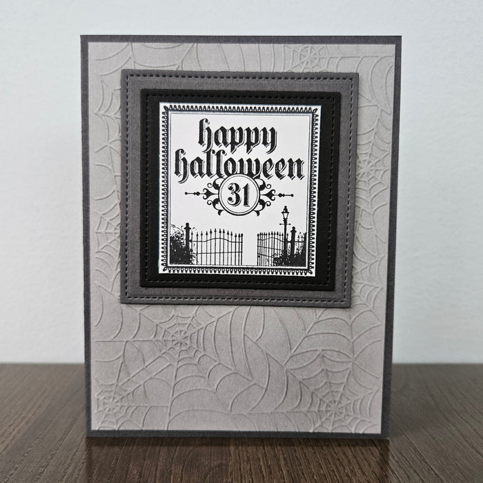 Gothic Halloween Card, Handmade Embossed Spider Web Iron Gate, Blank Inside