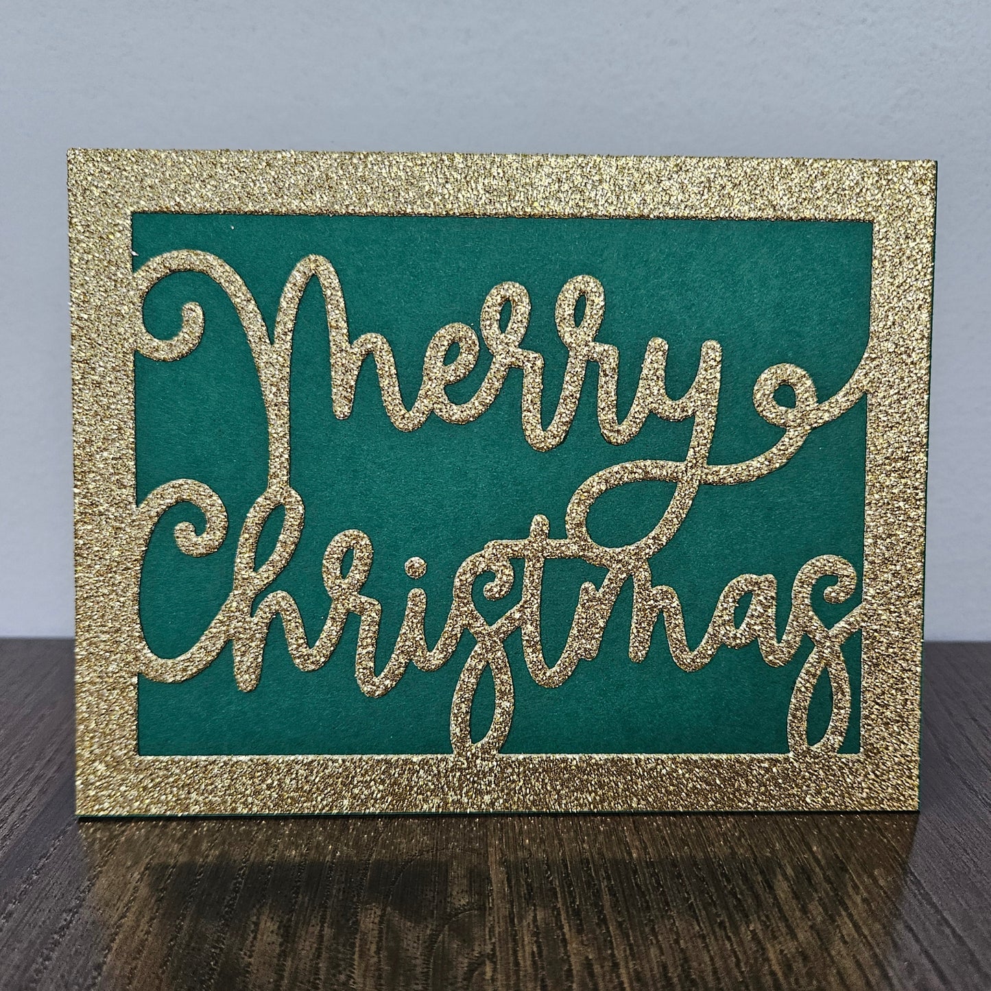 Handmade Merry Christmas Card, Gold Glitter Holiday Greeting, Blank Inside Classic Greeting
