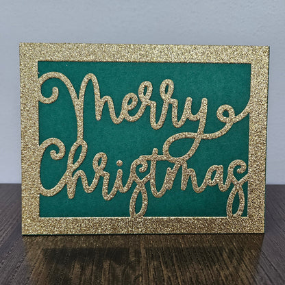 Handmade Merry Christmas Card, Gold Glitter Holiday Greeting, Blank Inside Classic Greeting