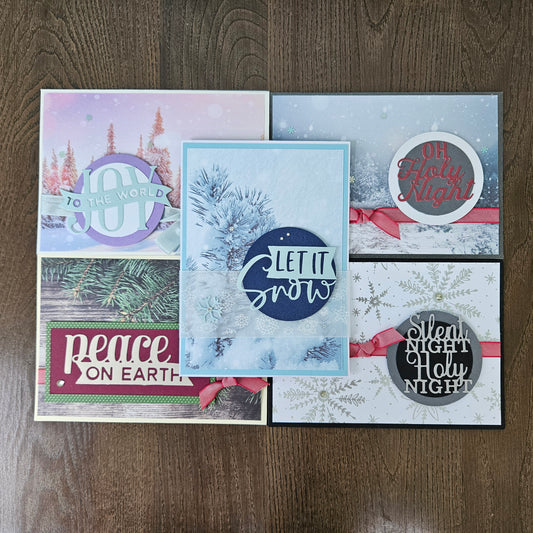 Christmas Cards Set of 5, Handmade Classic Xmas Holiday Greeting Bundle