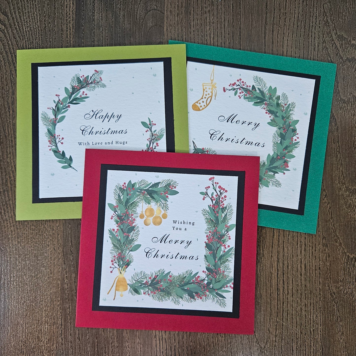 Wreath Christmas Card Set of 3, Handmade Botanical Classic Holiday Greeting Bundle, Blank Inside