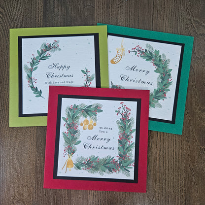 Wreath Christmas Card Set of 3, Handmade Botanical Classic Holiday Greeting Bundle, Blank Inside