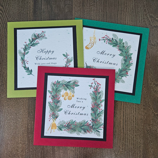 Wreath Christmas Card Set of 3, Handmade Botanical Classic Holiday Greeting Bundle, Blank Inside