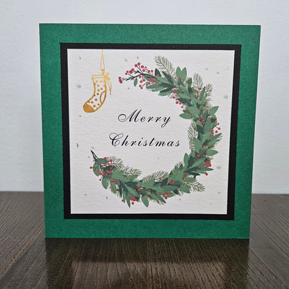 Wreath Christmas Card Set of 3, Handmade Botanical Classic Holiday Greeting Bundle, Blank Inside