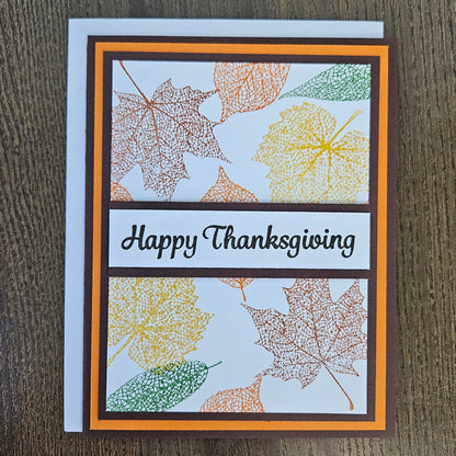 Thanksgiving Card, Hand Colored Autumn Leaves, Handmade Fall Holiday Greeting, Blank Inside