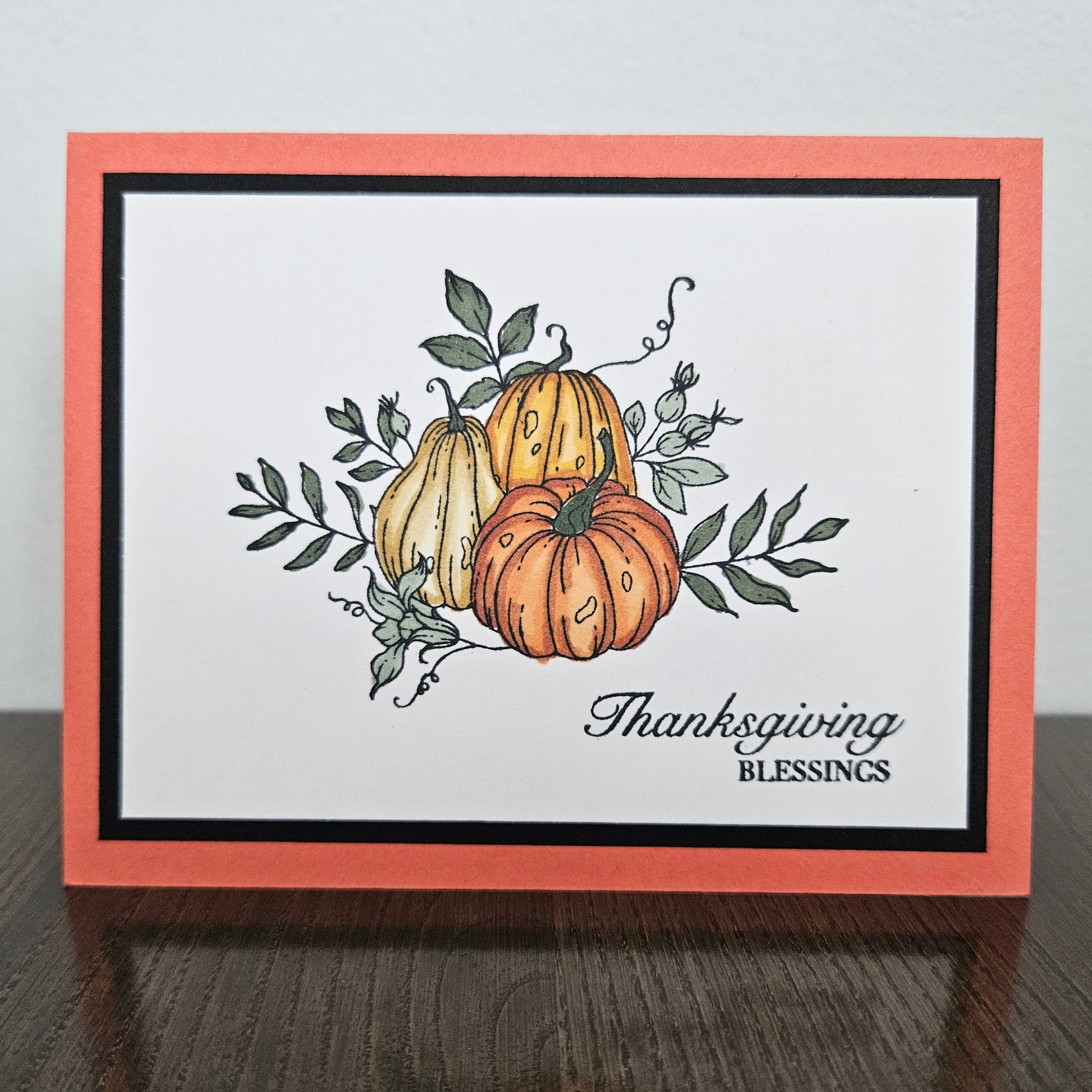 A handmade Thanksgiving greeting card with a white center panel, featuring an illustration of two pumpkins and green leaves, bordered by a black inner border and a coral-orange outer border. The text 'Thanksgiving BLESSINGS' is printed in black script and serif fonts.