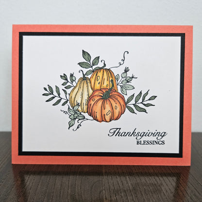 A handmade Thanksgiving greeting card with a white center panel, featuring an illustration of two pumpkins and green leaves, bordered by a black inner border and a coral-orange outer border. The text 'Thanksgiving BLESSINGS' is printed in black script and serif fonts.