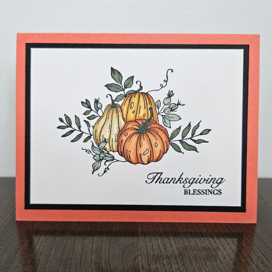 A handmade Thanksgiving greeting card with a white center panel, featuring an illustration of two pumpkins and green leaves, bordered by a black inner border and a coral-orange outer border. The text 'Thanksgiving BLESSINGS' is printed in black script and serif fonts.
