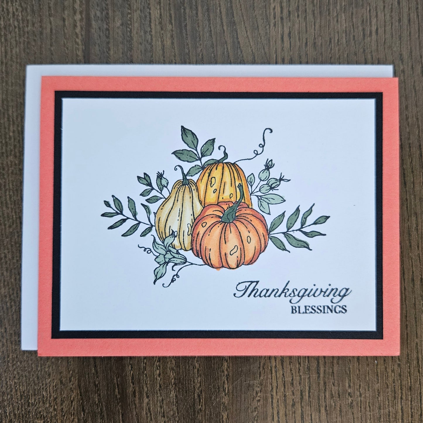 A handmade Thanksgiving greeting card with a white background, a coral-pink border, and an illustration of three pumpkins and gourds with green leaves. The text 'Thanksgiving BLESSINGS' is printed in black script and block lettering.