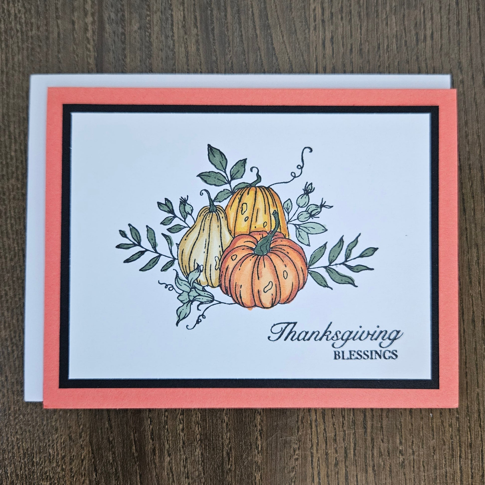 A handmade Thanksgiving greeting card with a white background, a coral-pink border, and an illustration of three pumpkins and gourds with green leaves. The text 'Thanksgiving BLESSINGS' is printed in black script and block lettering.