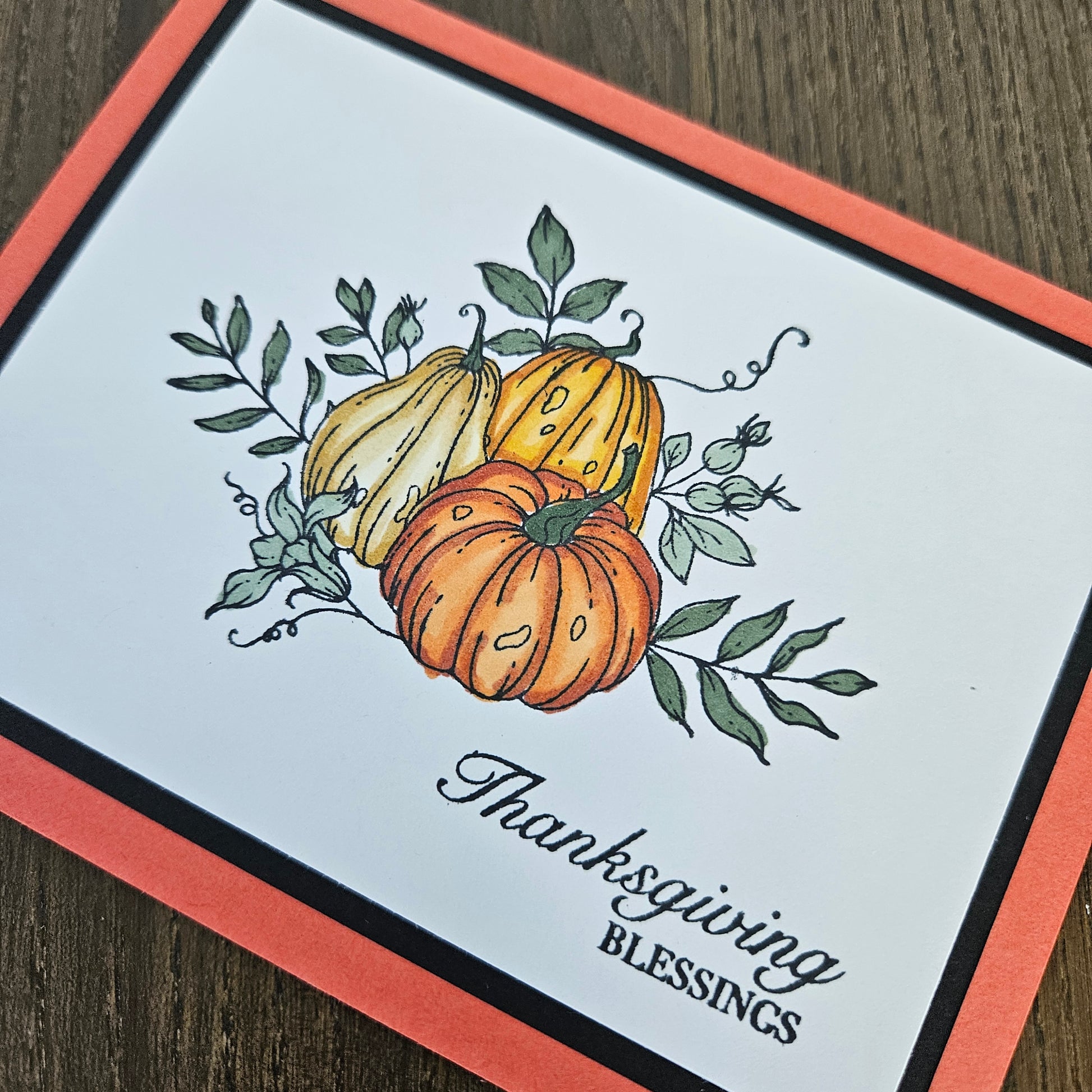 A handmade Thanksgiving greeting card featuring an illustration of three pumpkins and gourds with green leaves, bordered by a black inner border and a coral-orange outer border, placed on a dark wood surface. The card reads 'Thanksgiving BLESSINGS'.