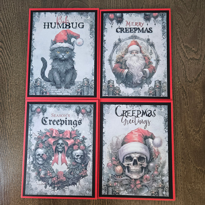 Gothic Christmas Card Set of 4, Creepmas Skull Cat Multipack, Handmade Goth Stationery