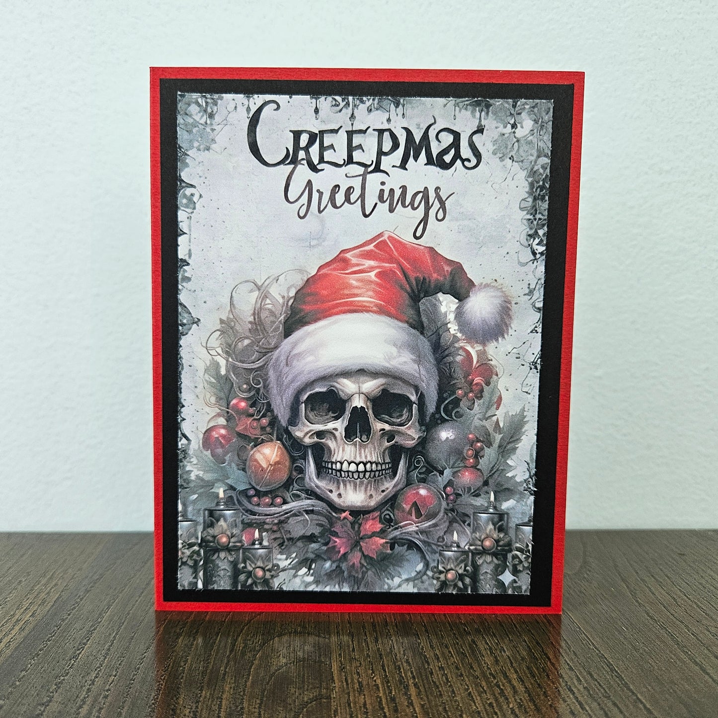 Gothic Christmas Card, Skull Santa Hat Creepmas, Handmade Xmas Greeting