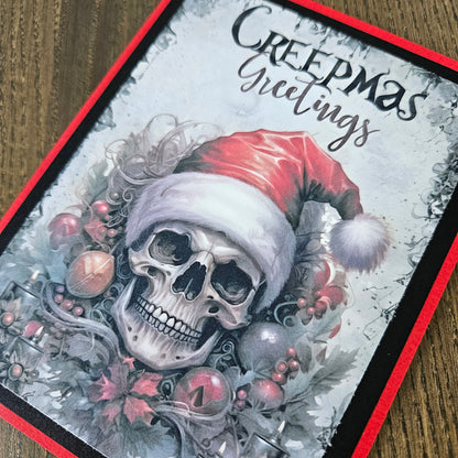 Gothic Christmas Card, Skull Santa Hat Creepmas, Handmade Xmas Greeting