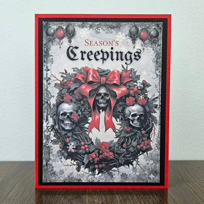 Gothic Christmas Card, Skull Wreath Seasons Creepings, Handmade Dark Goth Greeting