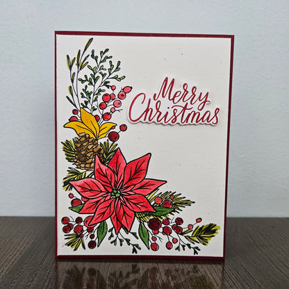 Handmade Christmas Card, Hand-Colored Poinsettia and Pinecone, Xmas Holiday Greeting