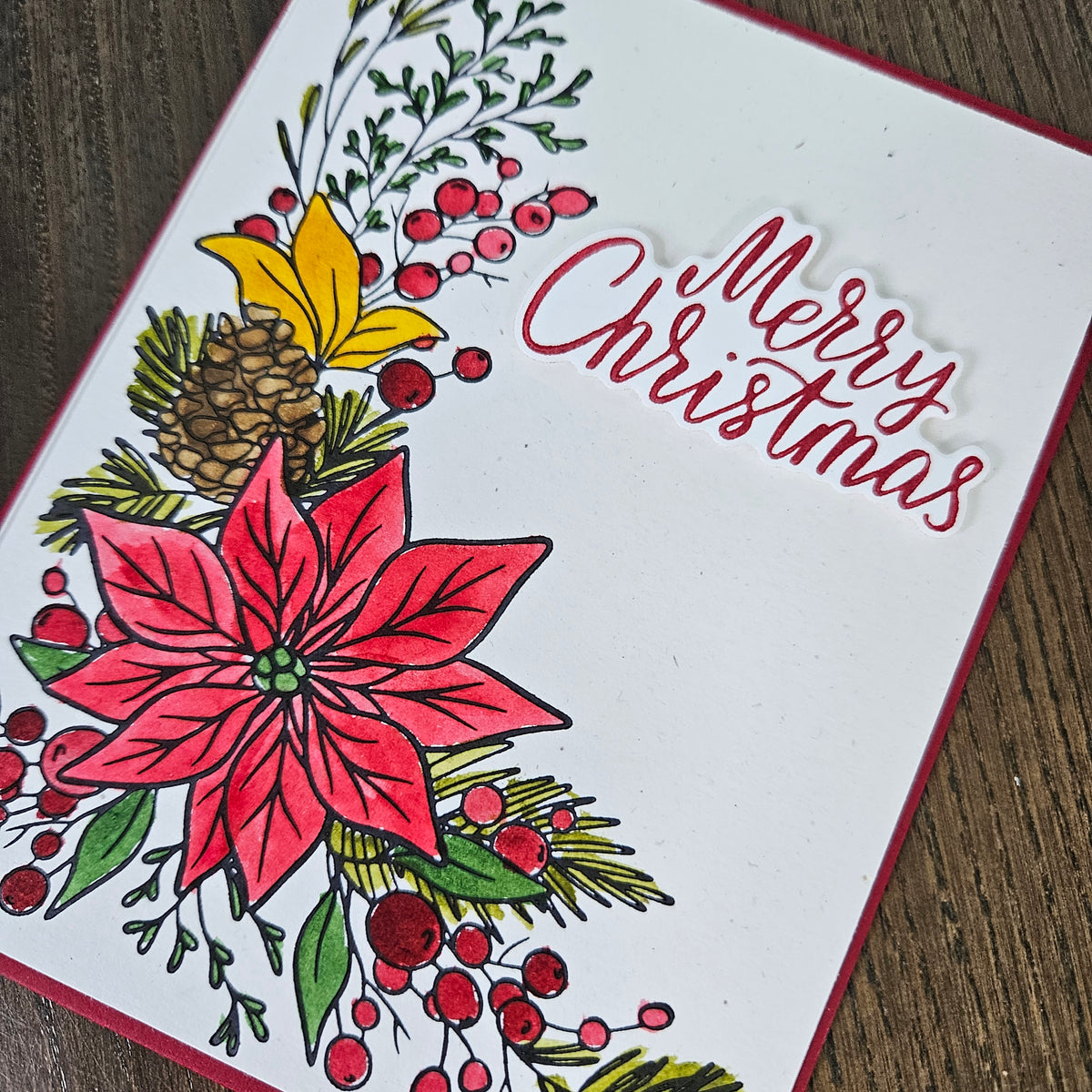 Handmade Christmas Card, Hand-Colored Poinsettia and Pinecone, Xmas Holiday Greeting