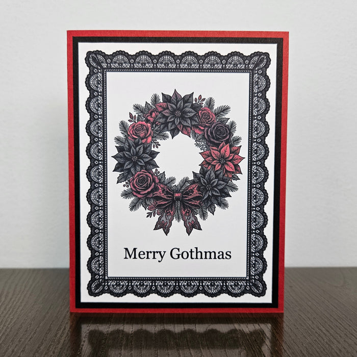 Gothic Christmas Card, Merry Gothmas Dark Wreath, Handmade Goth Holiday Greeting