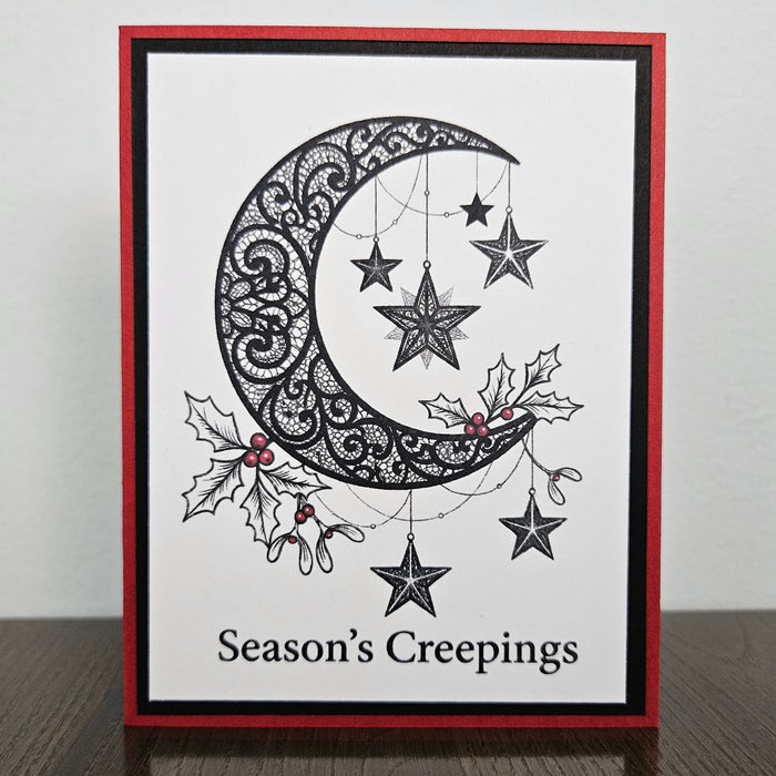 Gothic Christmas Card, Crescent Moon Seasons Creepings, Handmade Goth Holiday Greeting, Blank Inside
