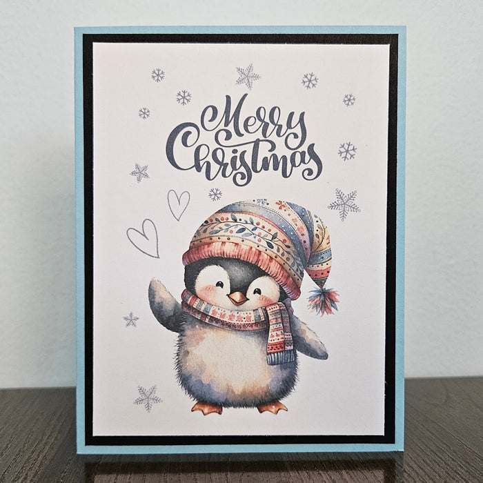 Cute Christmas Card, Whimsical Penguin Winter Beanie Baby Merry Xmas, Handmade Holiday Greeting, Blank Inside