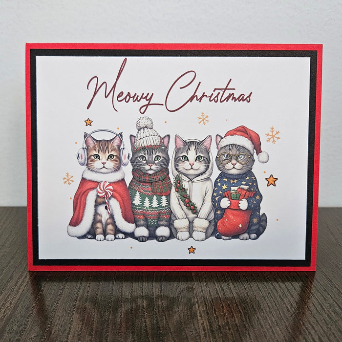 Cat Christmas Card, Meowy Christmas Xmas Sweaters, Handmade Holiday Greeting, Blank Inside