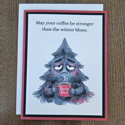 Funny winter coffee lover card shown with its coordinating envelope