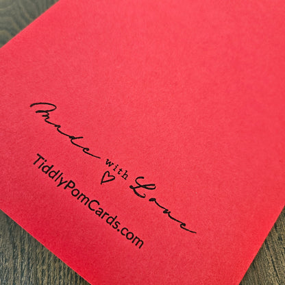 Red card back with Tiddly Pom Cards Made with Love branding